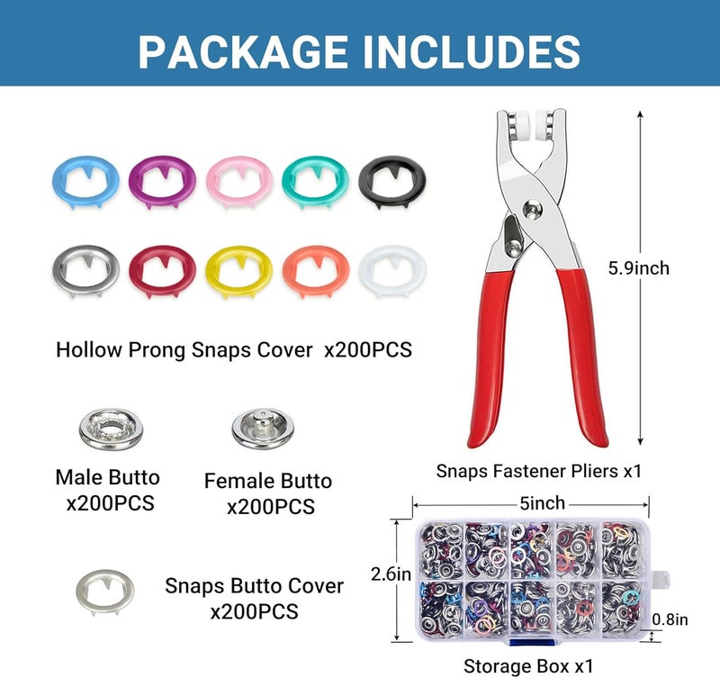 Forimaluence 200 Sets Metal Snap Buttons with Fastener Pliers Press Tool Kit,Multicolor Mixing Hollow Sewing Snaps for Fabric,Prong Snap Button Kits for DIY Crafting Clothing Sewing (9.5mm / 800 PCS) - Image 2